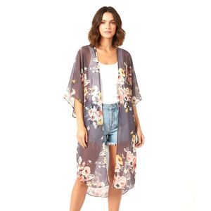 Nashley's Closet Floral Sheer Kimono Duster | Gray/Peach/Yellow | Size Small (S)